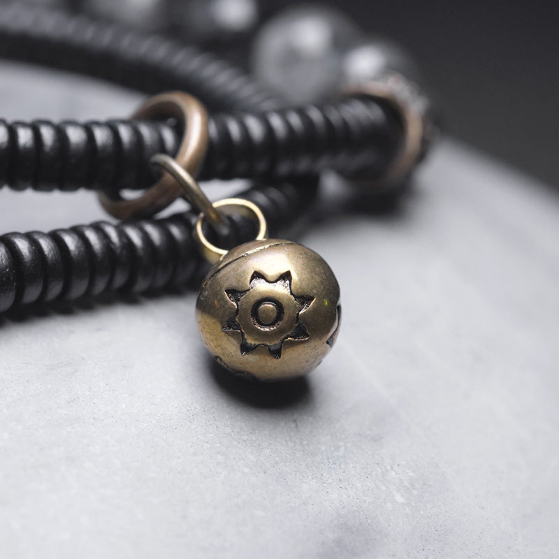 Buddha Stones Czarny Kwarc Rutilowany Drewno Hebanowe Miedź Mądrość Para Bransoletka