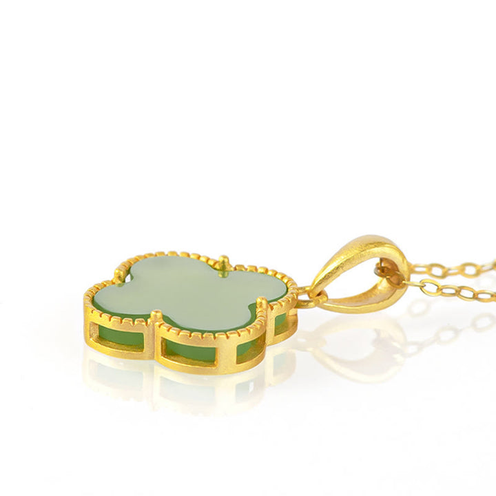 Buddha Stones 925 Srebro Sterling Naturalny Jadeit Hetian Szczęście Naszyjnik Wisiorek Czterolistna Koniczyna - image 3