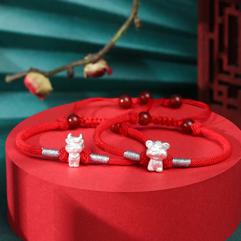 Buddha Stones 999 Srebro Sterling Chiński Zodiak Szczęście Siła Bransoletka z Czerwonego Sznurka