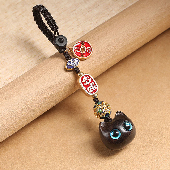 Buddha Stones Drewno Hebanowe Szczęśliwy Kot Pomyślny Chmura Pokój Brelok Telefon Wiszący Dekoracja - Kot o niebieskich oczach - Brelok do kluczy - image 10