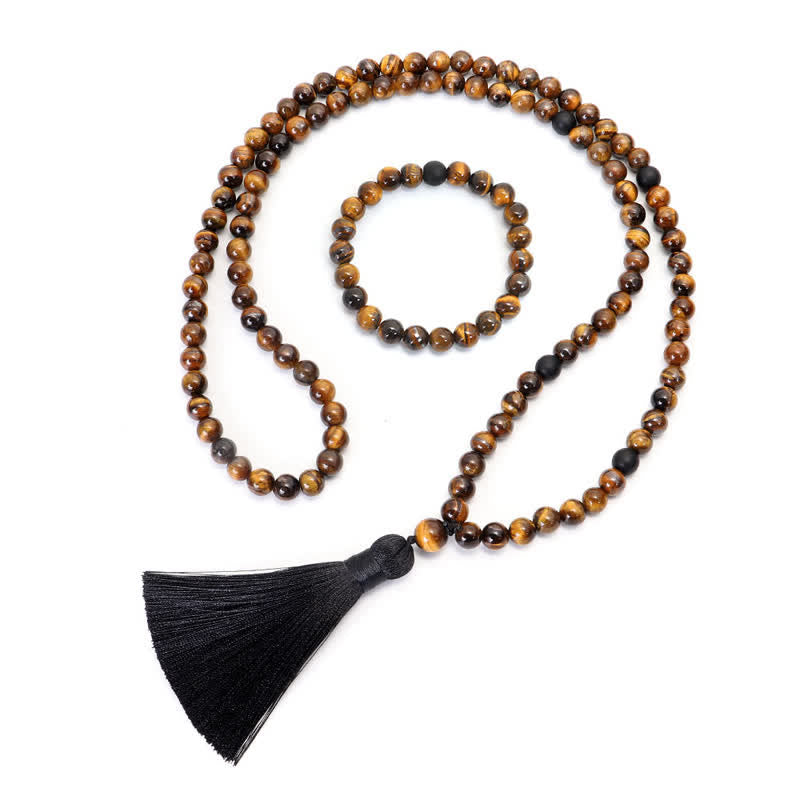 Buddha Stones 108 Koralików Mala Tygrysie Oko Ochrona Bransoletka z Chwostem