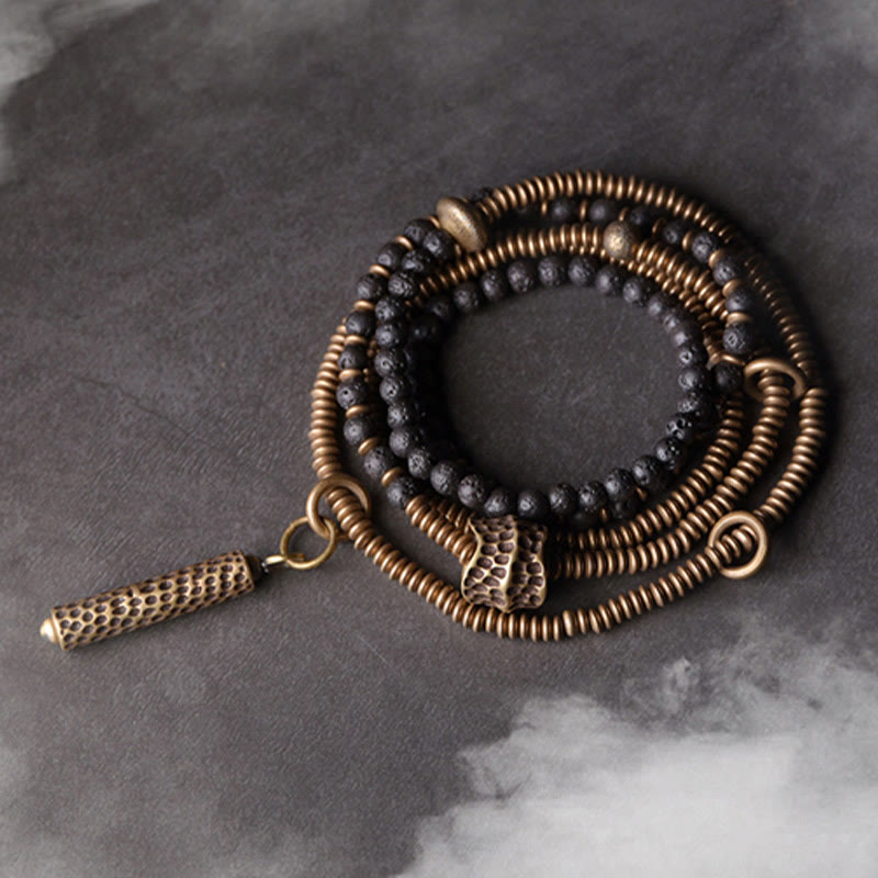 Bransoletka lecznicza wielowarstwowa z Buddha Stones, zabytkową lawą, mosiądzem i miedzią - 17-17,5 cm - image 0