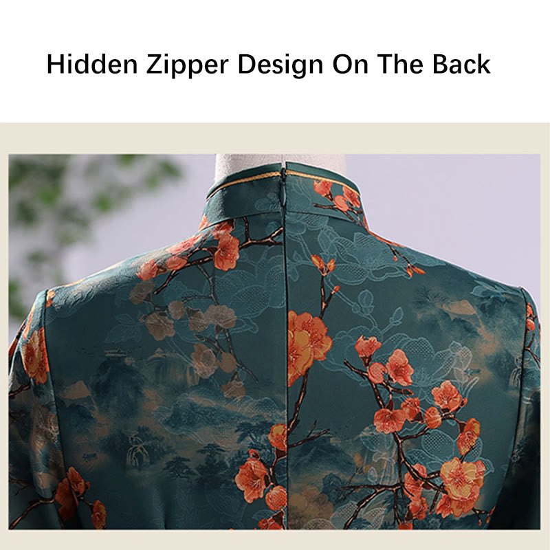 Buddha Stones Retro Kwiat Lotos Piwonia Pióro Druk Qipao Sukienka Damska Cheongsam Sukienka - image 10