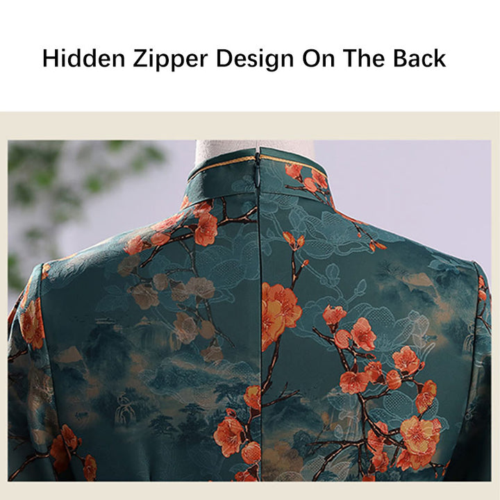 Buddha Stones Retro Kwiat Lotos Piwonia Pióro Druk Qipao Sukienka Damska Cheongsam Sukienka - image 10