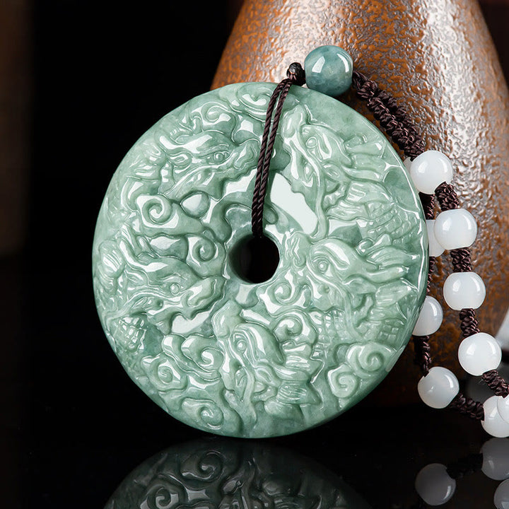Buddha Stones Rok Smoka Naturalny Jadeit Dziewięć Smoków Klamra Pokoju Ochrona Naszyjnik Wisiorek