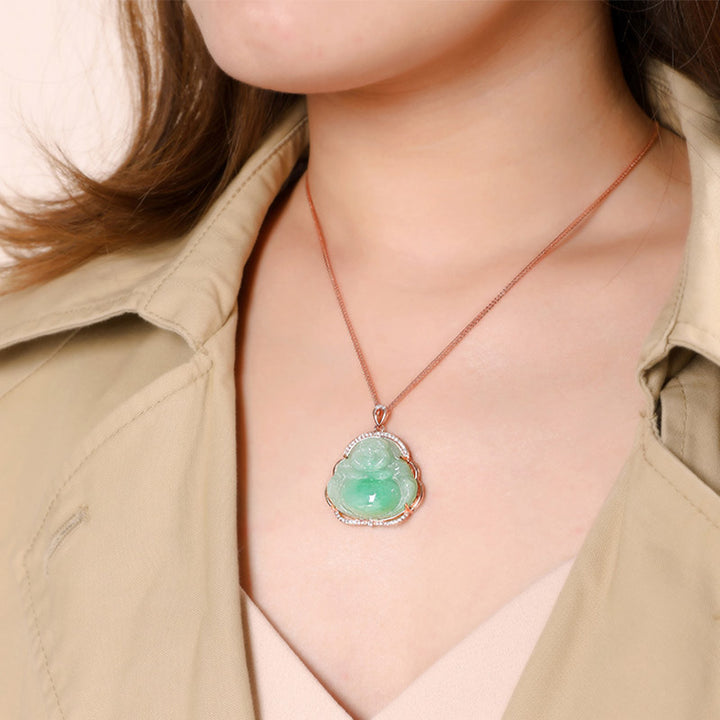 925 Srebrny naszyjnik z naturalnym jadeitem i śmiejącym się Buddą, łańcuszek z wisiorkiem - image 4