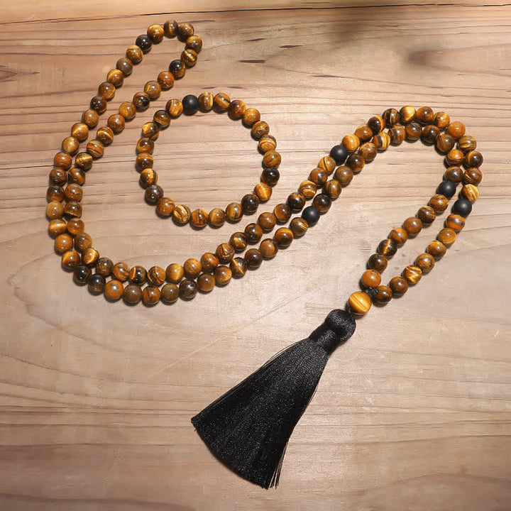 Buddha Stones 108 Koralików Mala Tygrysie Oko Ochrona Bransoletka z Chwostem