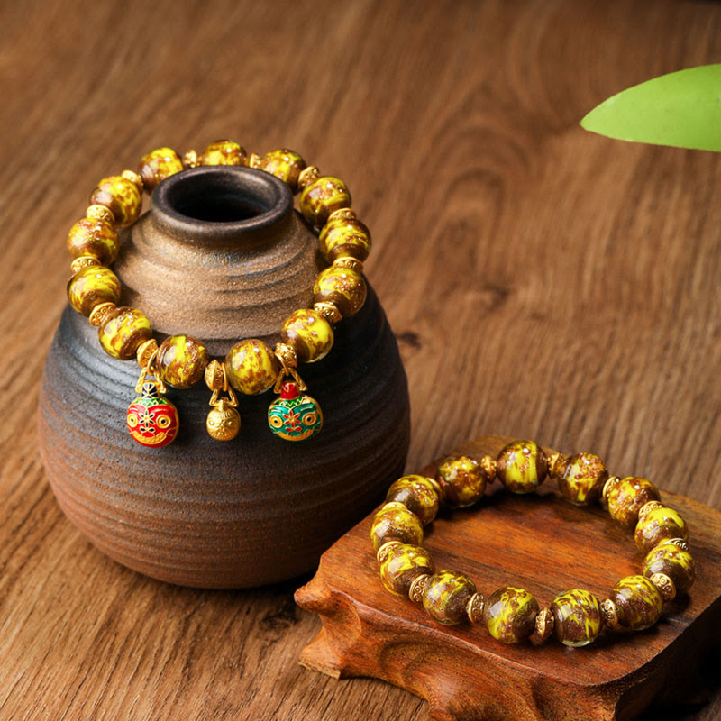 Buddha Stones Złota Połykająca Bestia Rodzina Charm Liuli Szklane Koraliki Bransoletka Fortuna
