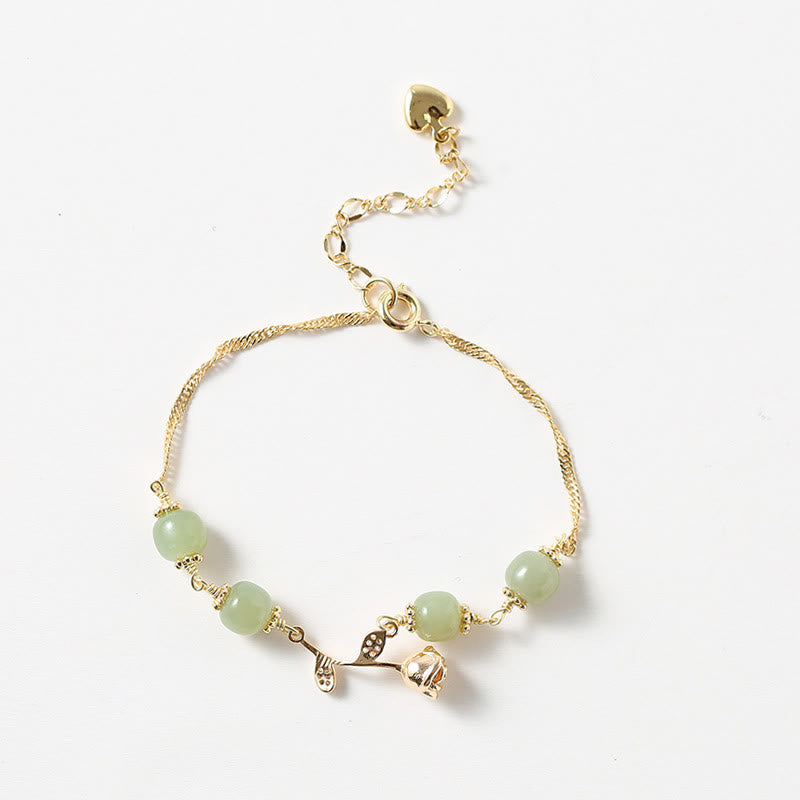Bransoletka z łańcuszkiem szczęścia z Buddha Stones 14K pozłacana jadeitem hetian i złotą różą