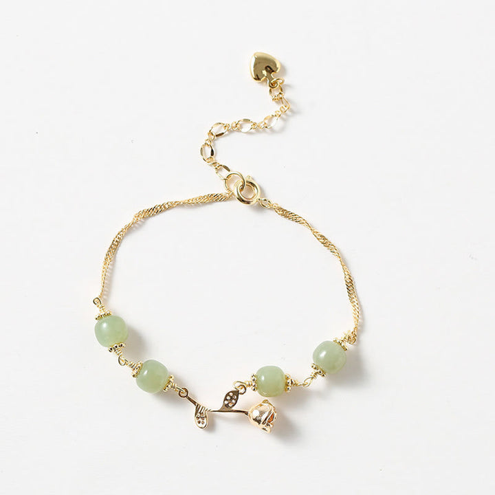 Bransoletka z łańcuszkiem szczęścia z Buddha Stones 14K pozłacana jadeitem hetian i złotą różą