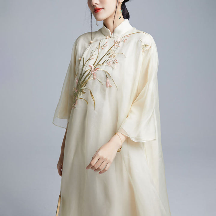 Buddha Stones 100% jedwab morwowy 6 Momme Sukienka Vintage Flower Butterfly Haft Qipao Sukienka damska Cheongsam - image 3