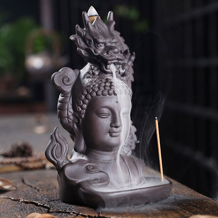Buddha Stones Smok Budda Pomyślne Chmury Fioletowa Glina Uzdrawiająca Kadzielnica Dekoracja