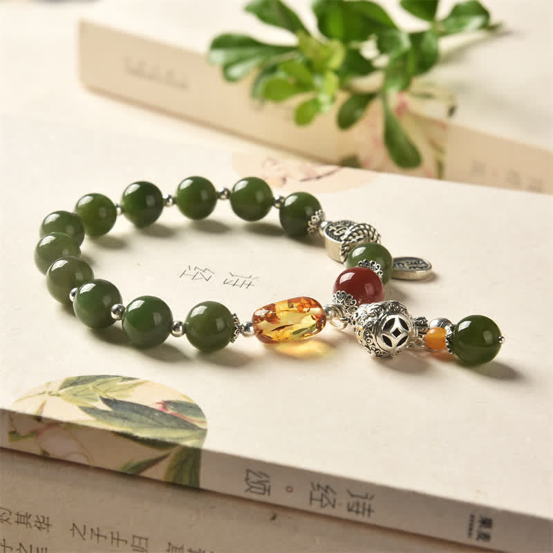 Buddha Stones 925 Srebro Sterlingowe Hetian Cyan Jade Gourd Amber Bransoletka Sukcesu