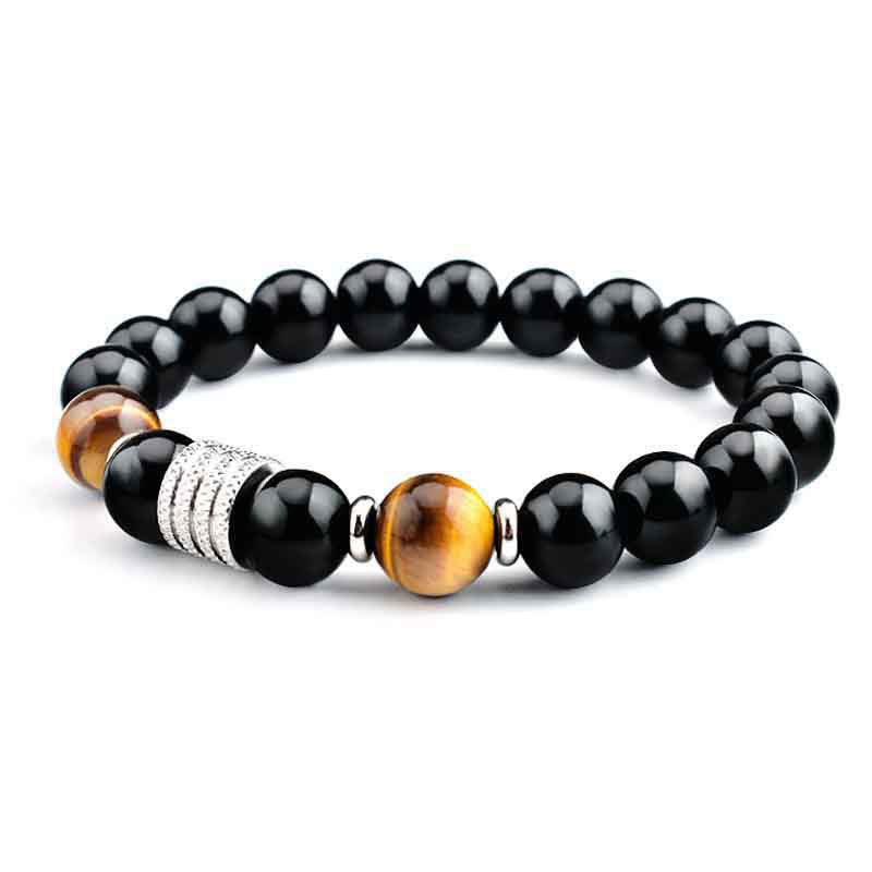 Bransoletka Buddha Stones Natural Black Obsidian Tiger Eye Strength Fulfillment - Czarny obsydian i tygrysie oko - Elastyczny sznurek - image 0