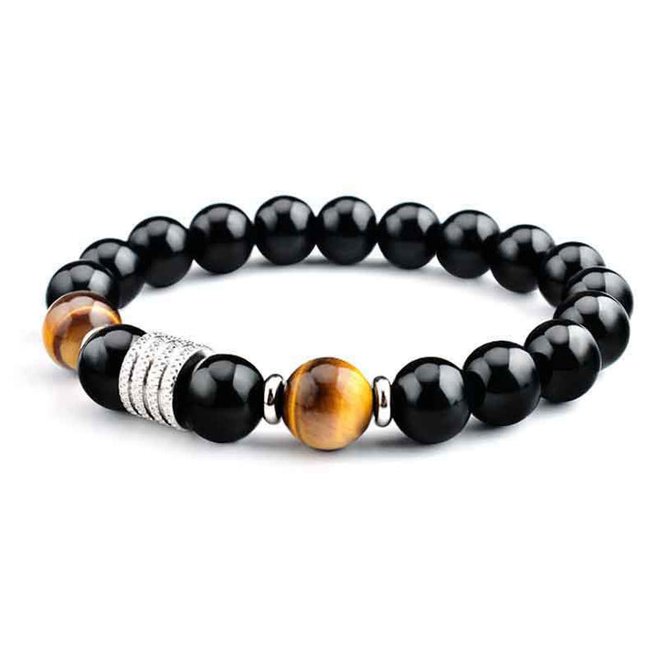 Bransoletka Buddha Stones Natural Black Obsidian Tiger Eye Strength Fulfillment - Czarny obsydian i tygrysie oko - Elastyczny sznurek - image 0
