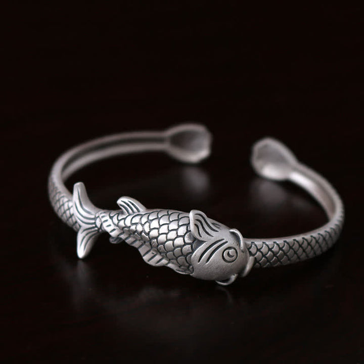 Buddha Stones 990 Srebro Sterling Ryba Koi Lotos Szczęście Bogactwo Bransoletka Bangle