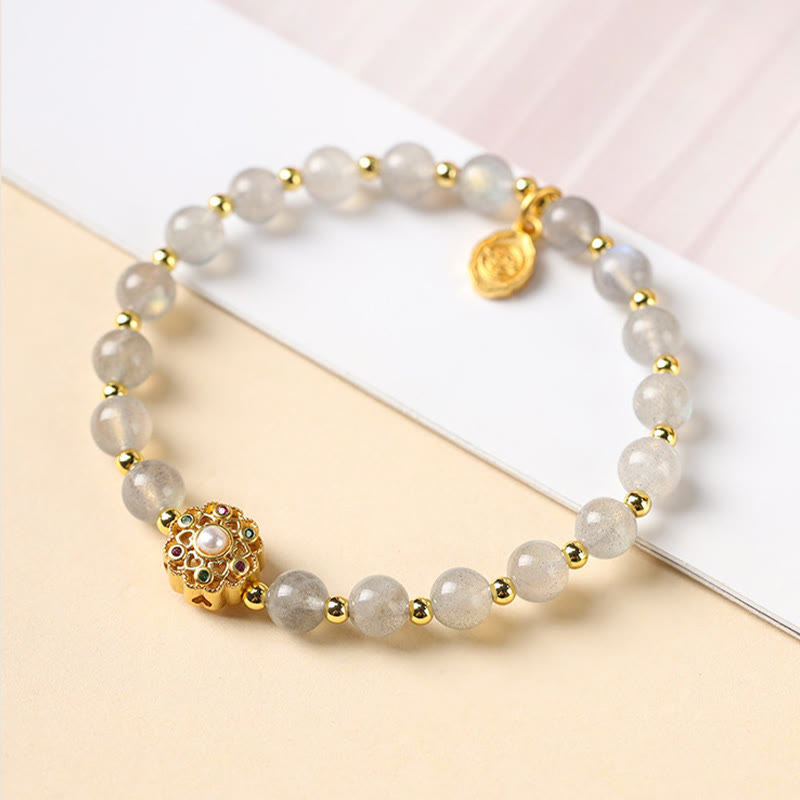 Buddha Stones 14K pozłacane Naturalny Kwarc Truskawkowy Labradoryt Kamień Słoneczny Fu Charakter Pozytywny Charm Bransoletka