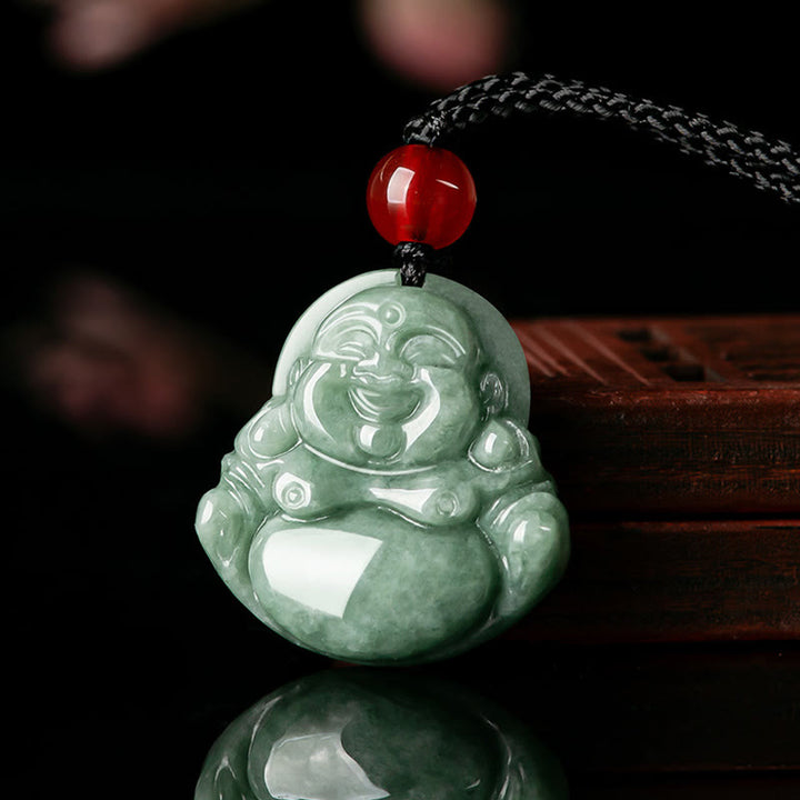 Buddha Stones Naturalny Zielony Jadeit Śmiejący Się Budda Szczęście Obfitość Naszyjnik Wisiorek