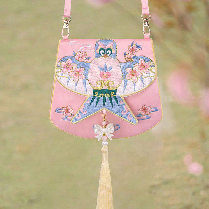 Buddha Stones Szczęście Haft Lotos Koi Ryba Królik Kwiat Hanfu Torba Crossbody Torba na Ramię - Różowy kwiat latawca - image 26