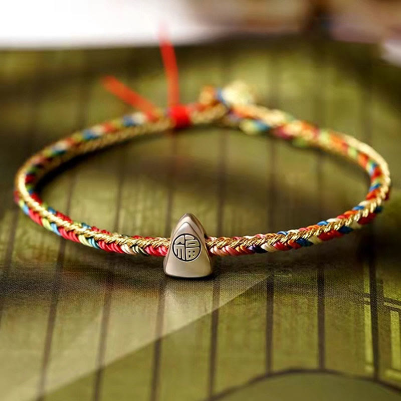 Buddha Stones 925 Srebro Sterlingowe Wzór Fu Zongzi Wielokolorowy Sznur Szczęścia Ręcznie Robiona Bransoletka Pleciona