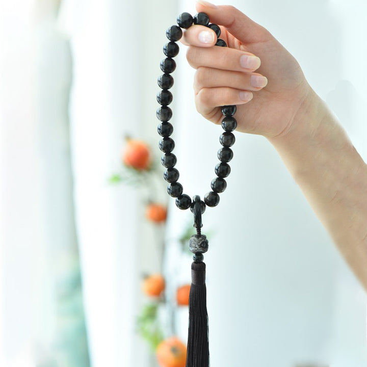 Buddha Stones Naturalny Srebrny Połysk Obsydian Lew Mala Ochrona Nadgarstka Frędzle Kieszonkowa Mala Dekoracja Samochodu