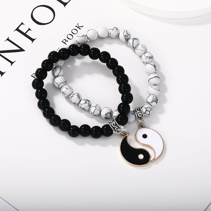 Buddha Stones 2szt. Czarny Onyks Biały Turkus Koralik Yin Yang Ochrona Para Bransoletka