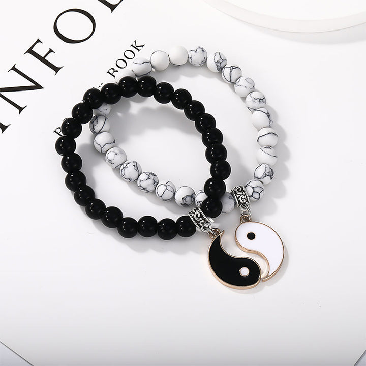 Buddha Stones 2szt. Czarny Onyks Biały Turkus Koralik Yin Yang Ochrona Para Bransoletka