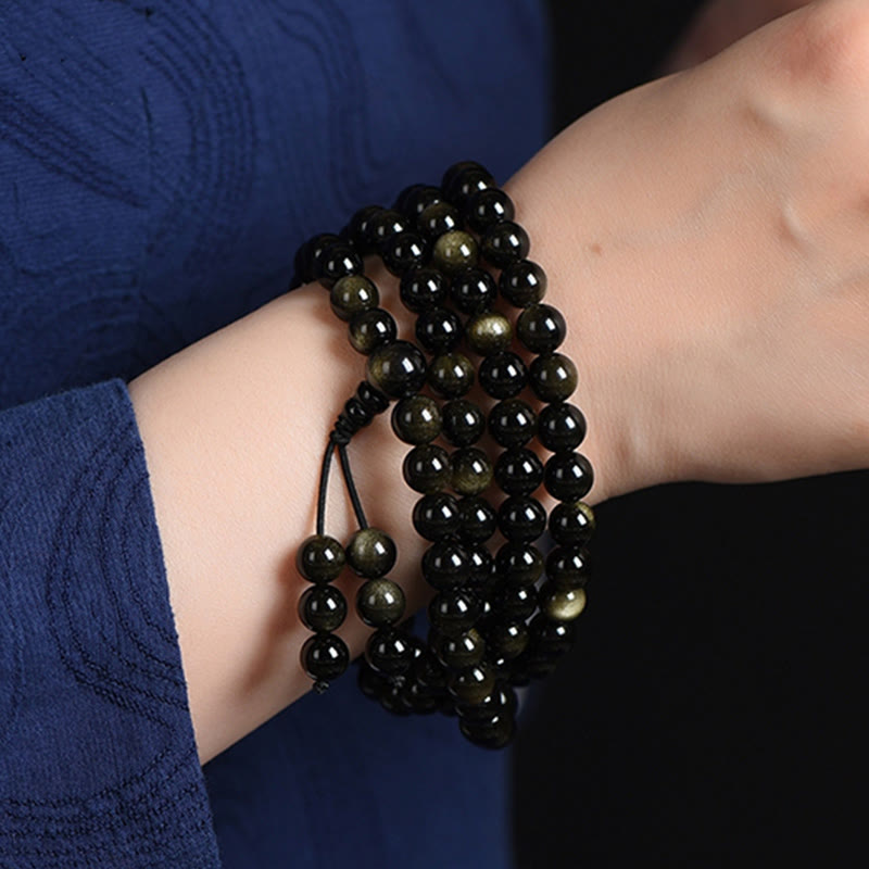 Buddha Stones 108 Mala Beads Naturalny Złoty Połysk Obsydian Bransoletka Bogactwa