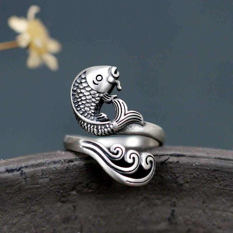 Pierścionek z Buddha Stones ze srebra próby 925, z rybą Koi i falą wodną, ​​szczęściem i bogactwem - Ryba Koi (Szczęście ♥Dobrobyt) - image 0