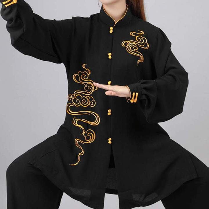 Buddha Stones Pomyślne Chmury Haft Medytacja Modlitwa Duchowy Zen Tai Chi Qigong Praktyka Unisex Zestaw Ubrań - Czarny - US12, UK/AU16, EU44 (3XL) - image 17
