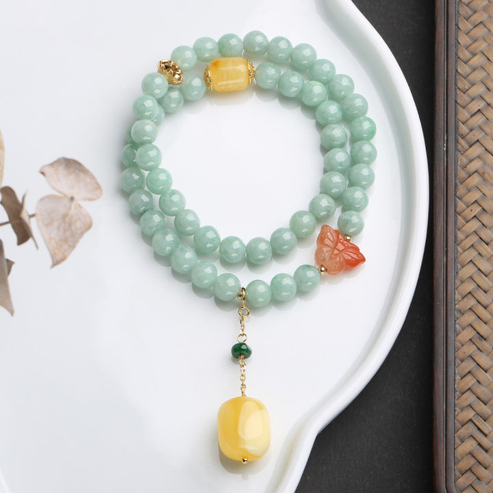 Buddha Stones 925 Srebro Sterling Naturalny Jadeit Bursztyn Motyl Bransoletka Szczęście Obfitość