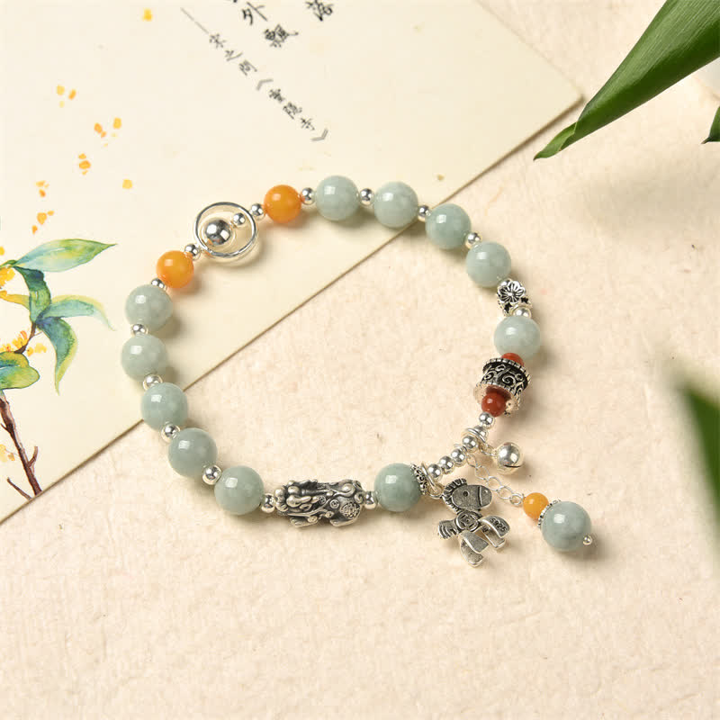 Buddha Stones 925 Srebro Sterling Naturalny Jadeit Bursztyn Bransoletka PiXiu Pony Success
