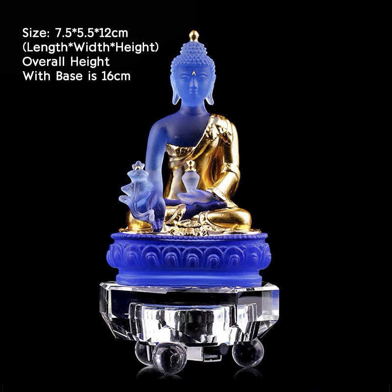 Buddha Stones Medycyna Budda Ręcznie Robiony Kryształ Liuli Dzieło Sztuki Współczucia Statua Ofiarowania Dekoracji Domu Biuro - 7,5*5,5*12 cm - Złoty Budda Medycyny i Świecąca Podstawa - image 10