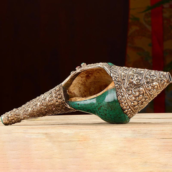 Tybetański ręcznie grawerowany Shankha Double Dorje Budda Conch Shell Wealth Pozytywna dekoracja - image 5