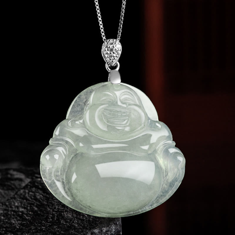 Buddha Stones 925 Srebro Sterling Naturalny Jadeit Śmiejący się Budda Dobrobyt Obfitość Naszyjnik Łańcuch Wisiorek