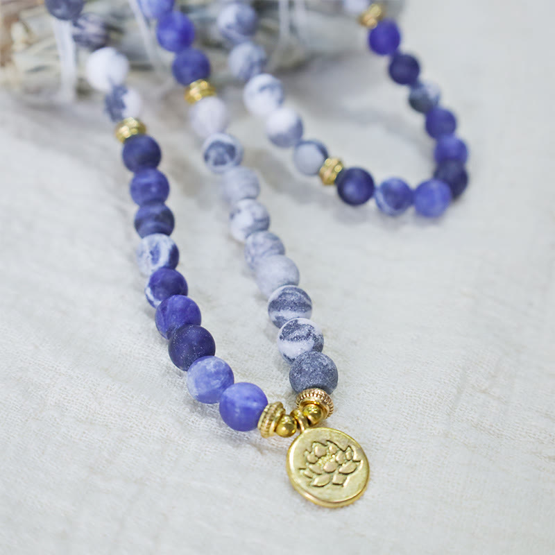 Buddha Stones Bransoletka z 108 naturalnych jaspisów Picasso i niebieskich kamieni Mala Bead Lotus