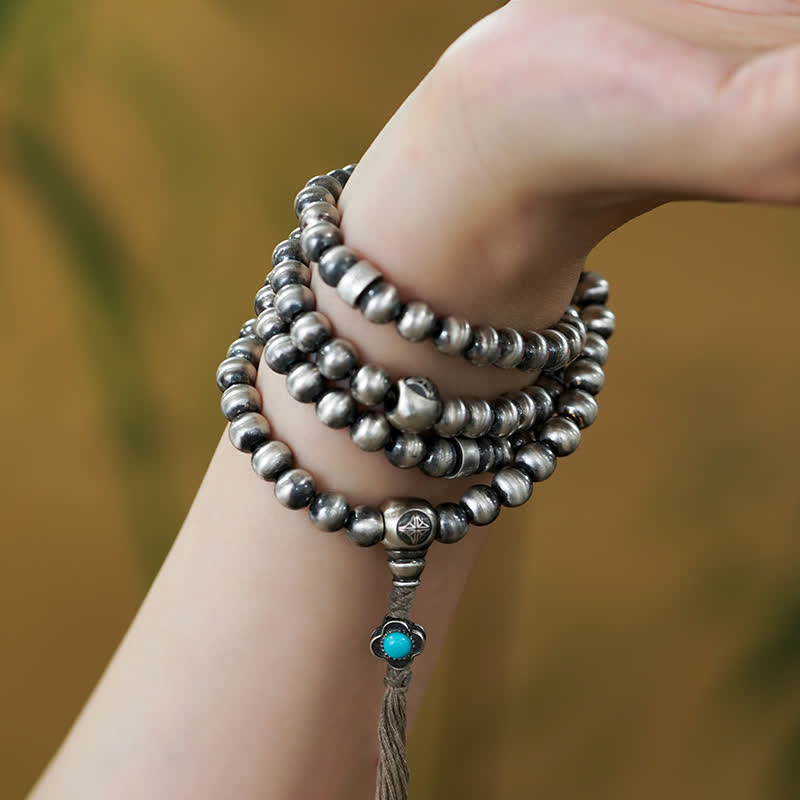 Buddha Stones 108 Mala Beads 925 Srebro Sterling Czerwony Agat Turkusowy Bransoletka z Zawieszką Pewności