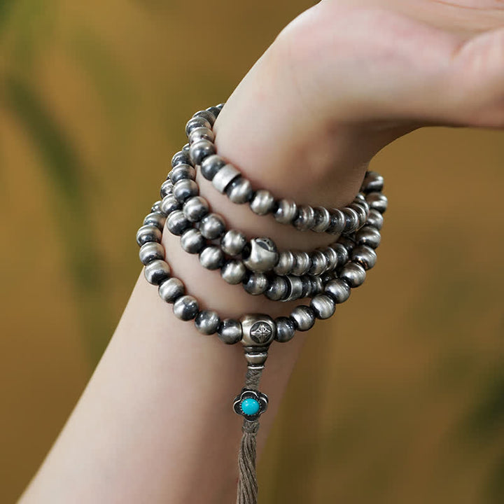 Buddha Stones 108 Mala Beads 925 Srebro Sterling Czerwony Agat Turkusowy Bransoletka z Zawieszką Pewności