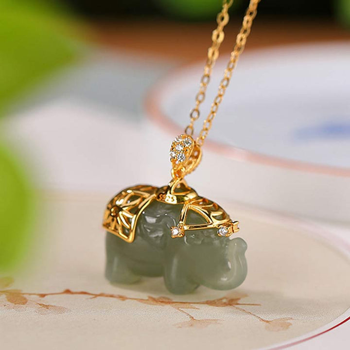 Buddha Stones 925 Srebro Sterlingowe Jade Elephant Blessing Fortune Naszyjnik Łańcuszek Wisiorek