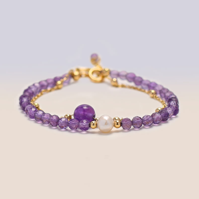 Buddha Stones 14K pozłacane ametystowe kryształy uzdrawiająca bransoletka z podwójnym łańcuszkiem