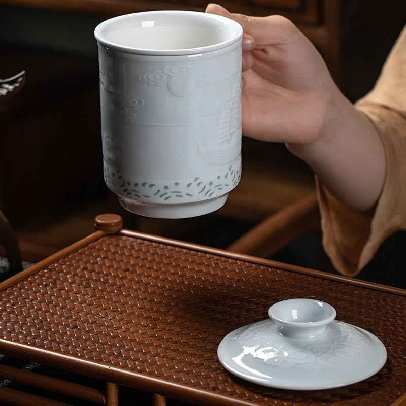 Buddha Stones Jingdezhen Linglong Porcelana Pomyślny Smok Feniks Łódź Gładkie żeglowanie Ceramiczna filiżanka do herbaty Biurowe filiżanki do herbaty 420 ml