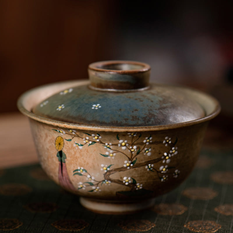 Buddha Stones Jingdezhen Malowana ręcznie porcelana Ru Kiln Hanfu Dziewczyna Kwiat Ceramiczny Gaiwan Sancai Filiżanka Kung Fu Filiżanka I Spodek Z Pokrywką