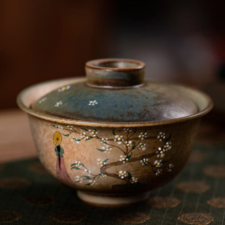 Buddha Stones Jingdezhen Malowana ręcznie porcelana Ru Kiln Hanfu Dziewczyna Kwiat Ceramiczny Gaiwan Sancai Filiżanka Kung Fu Filiżanka I Spodek Z Pokrywką