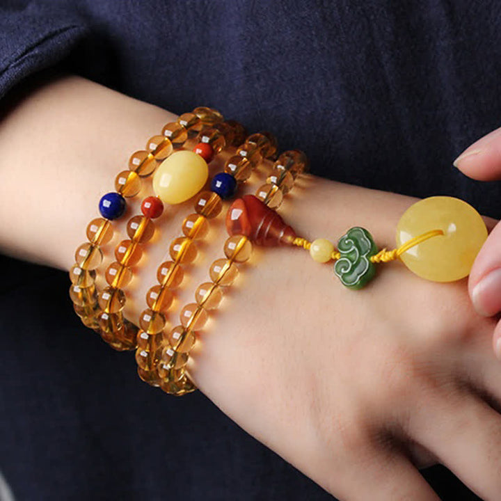 108 Mala Beads Naturalny Cytryn Bursztyn Peace Buckle Czerwony Agat PiXiu Ochrona Bransoletka Charm