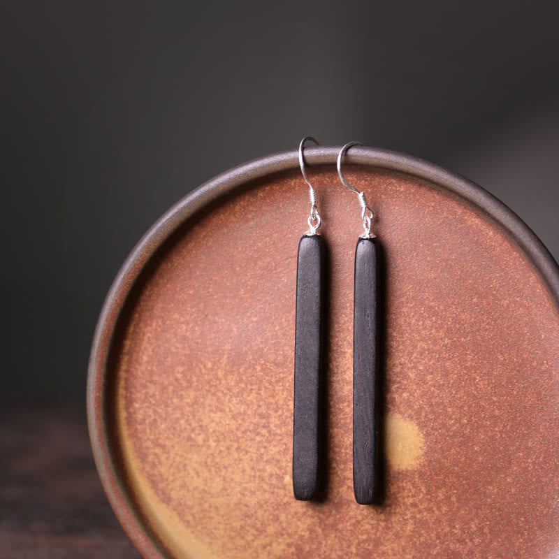 Kolczyki wiszące Buddha Stones 925 Sterling Silver Ebony Wood Texture Balance Peace - Błyszczące drewno hebanowe - image 0