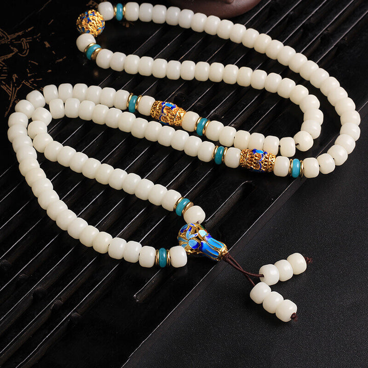 Buddha Stones Naturalne Białe Nasiona Bodhi Mala 108 Koralików Bransoletka Bogactwa