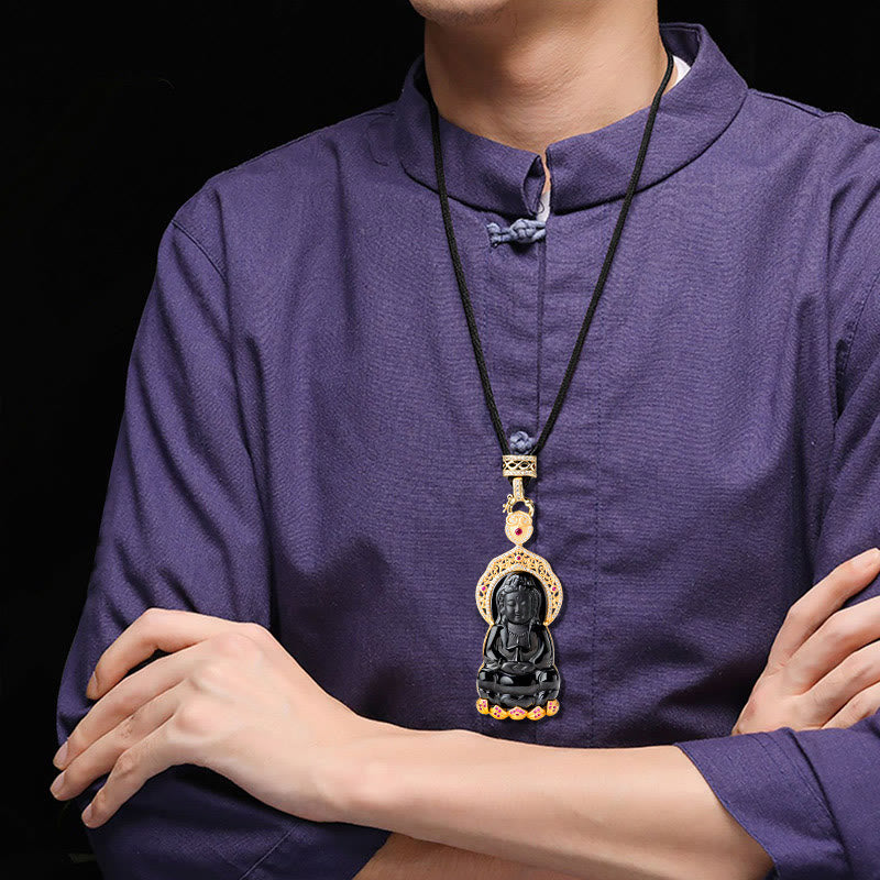 Naszyjnik z Buddha Stones z naturalnego czarnego jadeitu Kwan Yin Awalokiteśwara Wealth z tytanu i stali. - image 8