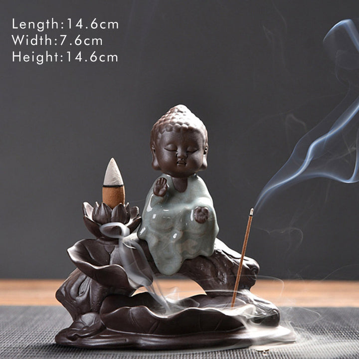 Buddha Stones Mały Mnich Ceramiczny Lotos Błogosławieństwo Kadzielnica Dekoracja