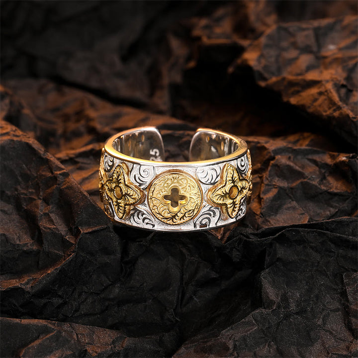 Pierścionek szczęścia z motywem kwiatów z dynastii Tang , Buddha Stones, 925 Sterling Silver