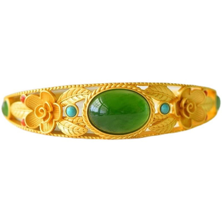 Buddha Stones Cyjan Jade Biały Jade Kwiat Liść Harmonia Szczęście Bransoletka Bangle